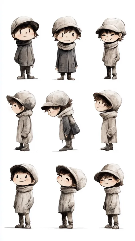 Nine illustrations depict a young child in various poses.  The child wears a newsboy cap and a long coat.  Expressions range from neutral to smiling, and postures include standing straight, looking down, and slightly angled.  The style is whimsical and slightly muted in color palette.  The illustrations appear to be character design sketches.
