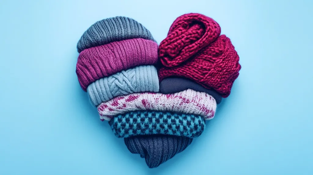 A heart shape is formed by a stack of folded knitted sweaters and hats in various shades of purple, blue, and gray.  The soft, textured knits are arranged artfully against a light blue background, creating a cozy and visually appealing image. The colors are muted and calming, suggesting warmth and comfort.