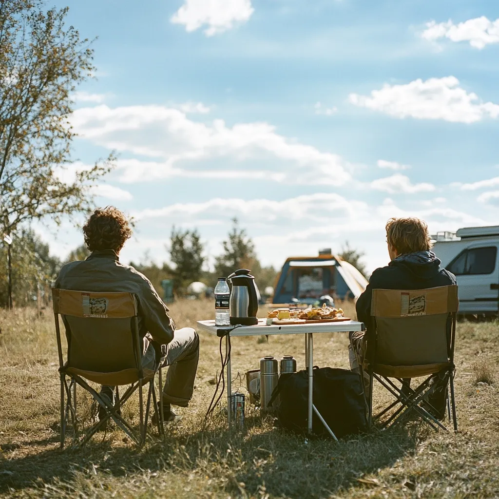 Two individuals relax outdoors in folding chairs at a small table.  A kettle and food are on the table.  A campervan and tent are visible in the background, suggesting a camping trip. The setting is a grassy field under a bright, partly cloudy sky. The scene is peaceful and evokes a sense of tranquility.