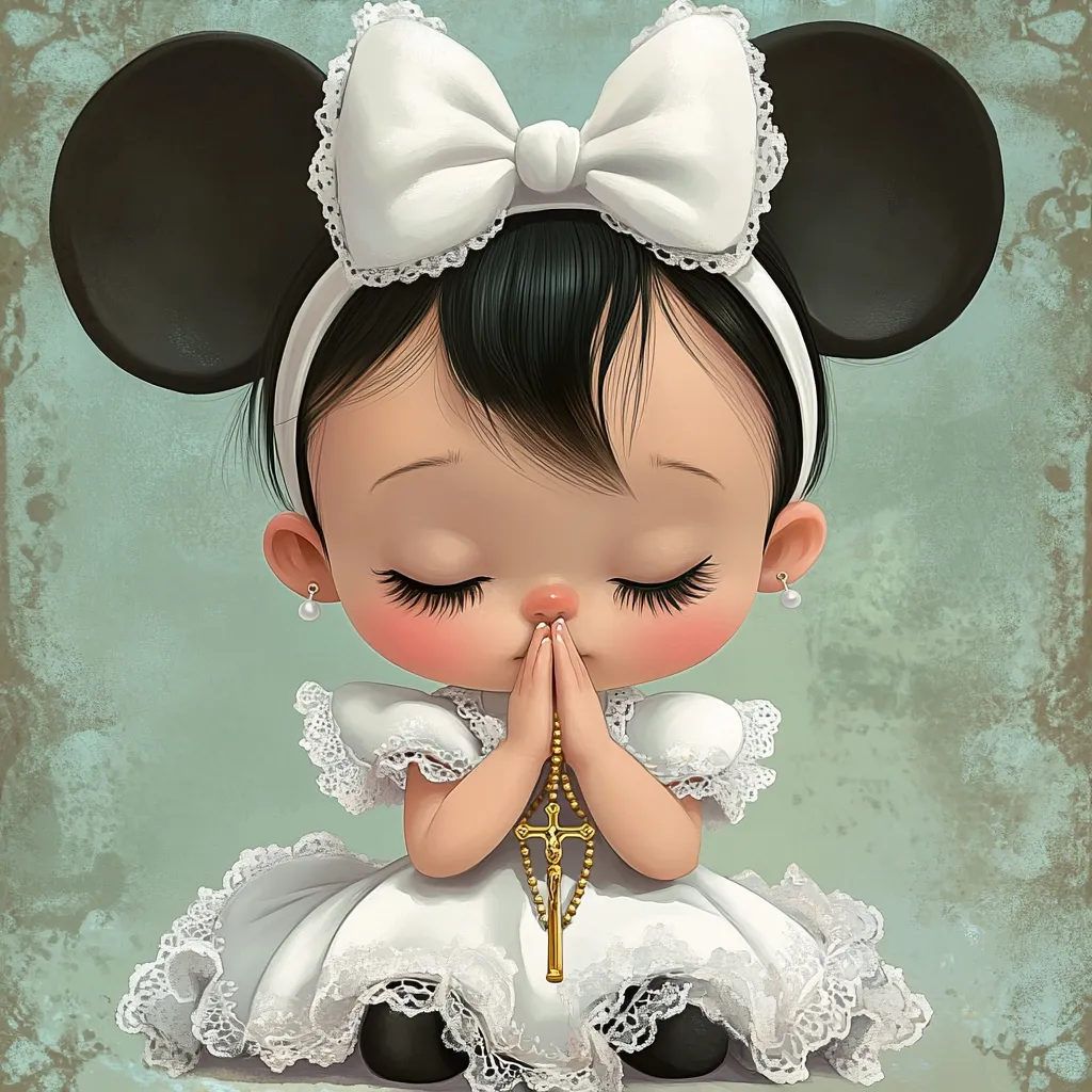 A digital illustration of a cute, stylized girl with Minnie Mouse-like ears.  She's wearing a white dress with lace and a white bow headband. Her eyes are closed, and her hands are clasped in prayer, holding a small gold crucifix. The background is a soft, muted teal.  The image evokes a feeling of innocence and faith.