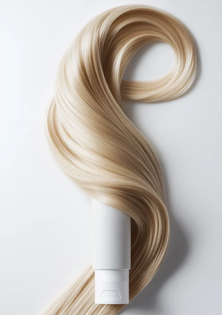 A long strand of blonde hair is artfully arranged in a flowing curve against a white background.  A white, unlabeled tube of hair product rests nestled within the hair's elegant loops. The image emphasizes the smooth, healthy texture of the hair, suggesting a product designed for hair care and conditioning. The overall aesthetic is clean, modern, and luxurious.