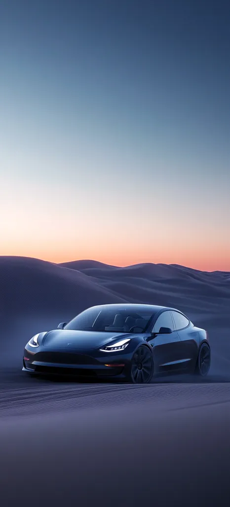 A sleek, dark-colored Tesla Model 3 is shown driving across a sandy desert landscape at sunset. The car's headlights illuminate the sand, casting a subtle glow. The sky transitions from a deep blue to soft pink hues near the horizon, creating a serene and dramatic backdrop. The image evokes a sense of adventure and freedom.
