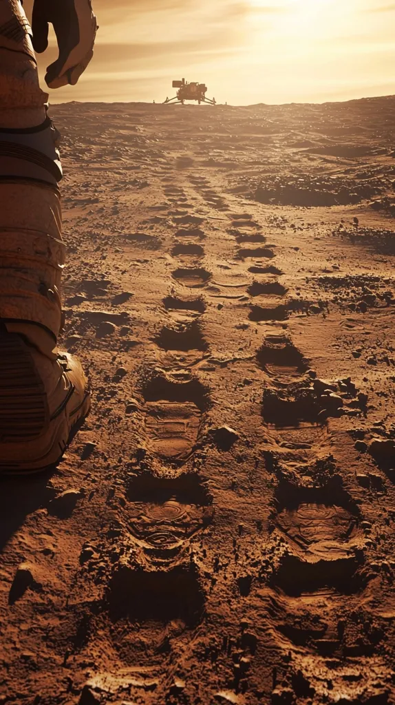 A lone astronaut on Mars leaves deep footprints in the reddish-brown dust as they walk towards a distant rover. The sun sets in the Martian sky, casting a warm glow over the desolate landscape.  The astronaut's spacesuit is partially visible, emphasizing the scale of the Martian terrain. The scene evokes a sense of exploration and isolation.