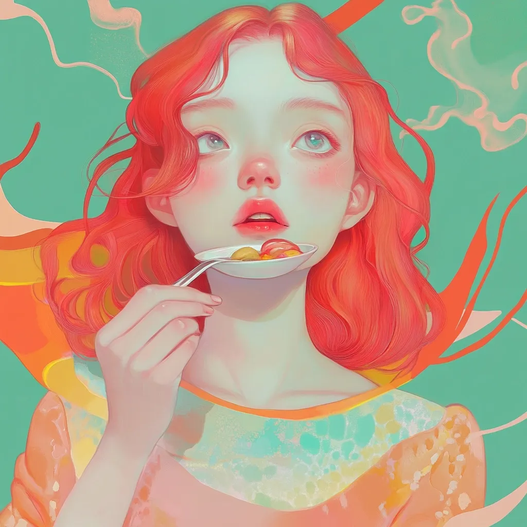 A stylized portrait of a young woman with vibrant coral hair. She holds a small spoon to her lips, containing a few colorful morsels of food.  The artwork features a soft, dreamy aesthetic with pastel hues and flowing lines, creating a whimsical and ethereal atmosphere. The background is a blend of teal and orange, complementing the subject's hair and attire.