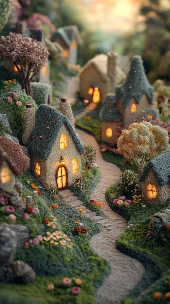 A whimsical village nestled in a lush green landscape.  Tiny, illuminated houses made of felt-like material line a winding path.  Flowers bloom in vibrant colors around the homes, creating a magical, fairytale atmosphere. The scene is bathed in warm, golden light, enhancing the enchanting quality of the miniature world.  The overall texture is soft and inviting.