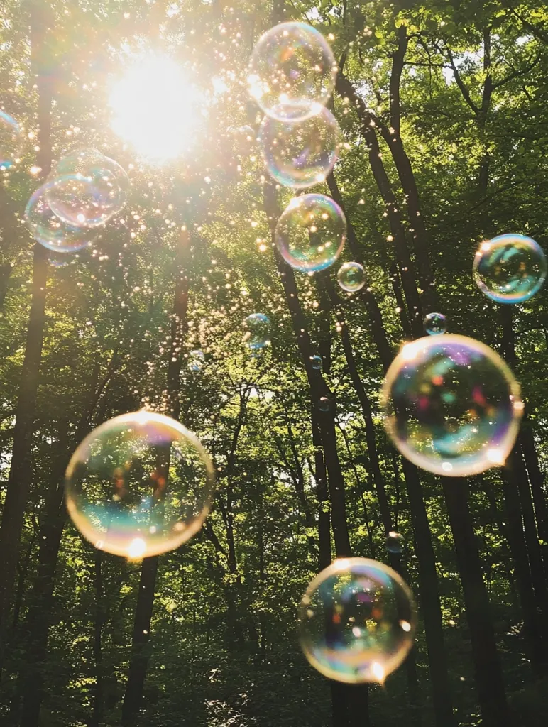 Sunlight streams through a lush green forest, illuminating numerous iridescent soap bubbles of varying sizes.  The bubbles float amidst the trees, creating a magical, ethereal scene.  Specks of light dance in the air, enhancing the whimsical atmosphere. The bright sun is visible through the canopy, casting a warm glow on the scene.