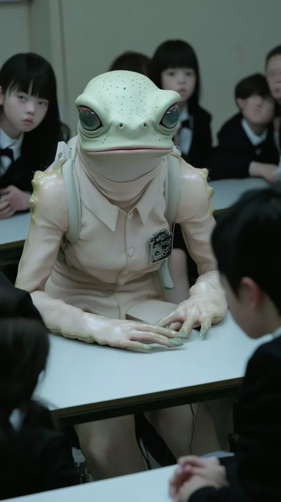A frog-like creature, wearing a school uniform and backpack, sits at a desk among human students in a classroom.  The creature's pale skin and large eyes contrast with the dark uniforms of the children. The scene is dimly lit, creating a somewhat unsettling atmosphere.  The other students appear to be ignoring the creature, suggesting it may be a common occurrence.