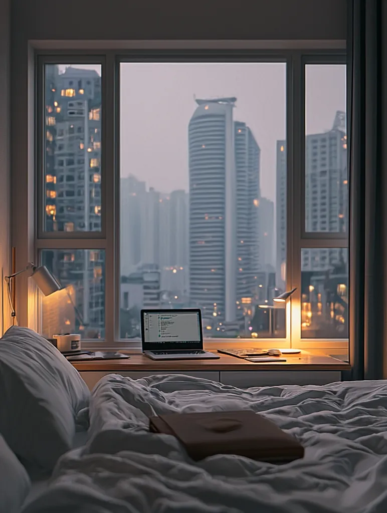 A cozy bedroom with a large window overlooking a city skyline at twilight.  A laptop sits on a small desk next to the bed, illuminated by desk lamps.  The bed is unmade, with soft gray bedding.  The overall mood is calm and inviting, suggesting a quiet evening at home.