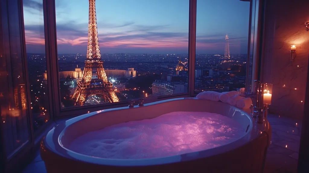 A luxurious bathroom features a large, bubble-filled bathtub illuminated with purple light.  The expansive window offers a breathtaking panoramic view of Paris at twilight, with the Eiffel Tower prominently displayed against the city lights.  Candles and soft lighting create a romantic and relaxing ambiance.  Towels are neatly folded beside the tub, adding to the sense of opulence.