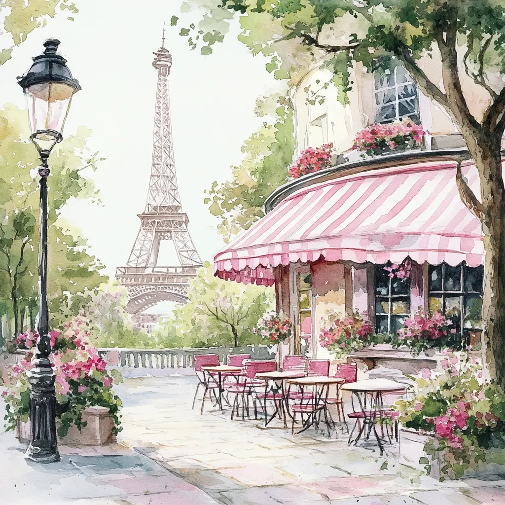 A charming watercolor painting depicts a Parisian cafe scene.  Tables with red chairs are set outside under a pink and white striped awning.  Lush flower boxes adorn the building, adding to the picturesque atmosphere. The Eiffel Tower is visible in the background, creating a quintessential Parisian backdrop.  The overall style is soft, romantic, and evocative of a leisurely afternoon in the city.
