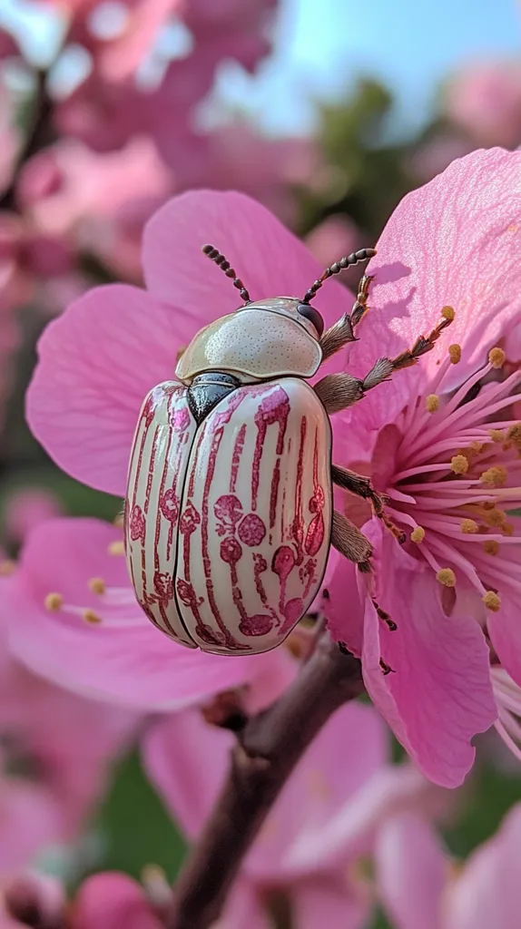 A close-up shot reveals a striking beetle, its creamy white shell adorned with vibrant pink stripes and patterns, perched delicately on a soft pink flower.  The beetle's intricate markings are sharply defined against the flower's gentle hues.  The background is blurred, focusing attention on the beetle and blossom. The overall image evokes a sense of delicate beauty in nature.