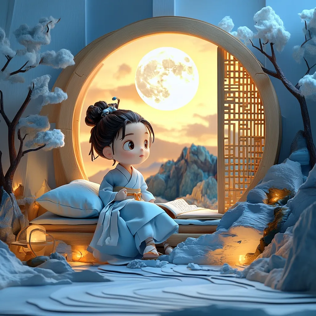 A charming 3D-rendered illustration depicts a young girl, styled in traditional East Asian attire, seated on a daybed within a circular window.  The serene scene is bathed in soft, warm light, with a large moon visible through the opening.  Mountains and stylized trees complete the tranquil, dreamlike setting.  The girl holds a book, gazing pensively out at the moonlit landscape.  The overall style is whimsical and peaceful.