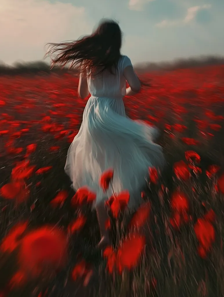 A woman in a flowing white dress runs through a field of vibrant red poppies.  Her long dark hair streams behind her, blurred by motion.  The poppies appear to be in motion as well, creating a dreamy, ethereal effect. The scene is bathed in soft, warm light, suggesting a tranquil and magical moment.  The overall impression is one of freedom and grace.