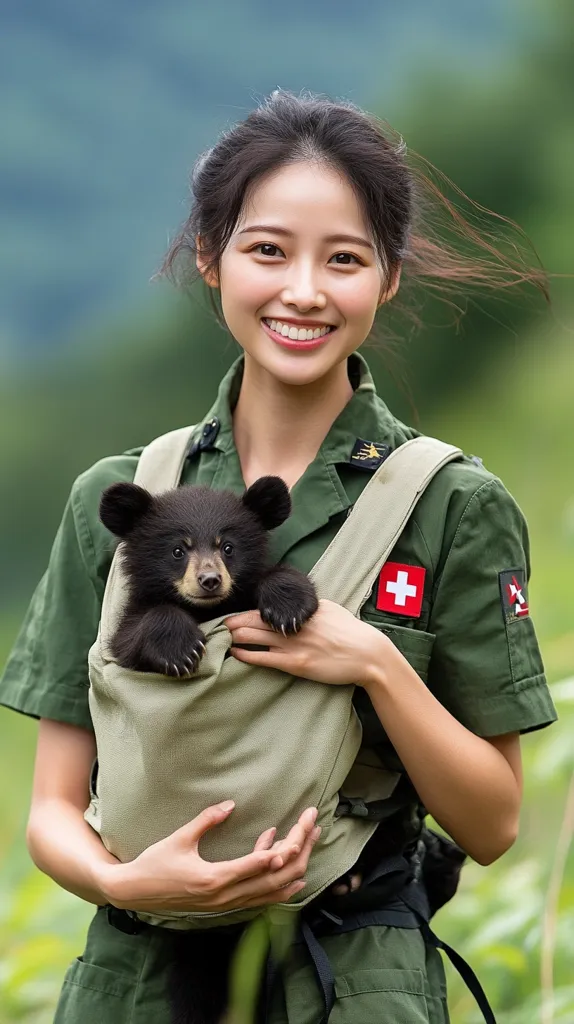 A young woman in a military-style green uniform smiles warmly as she gently cradles a small black bear cub in a beige baby carrier.  The bear cub is nestled securely in the carrier, its paws visible. The woman's uniform features a Swiss flag patch, suggesting a connection to wildlife conservation or animal rescue. The backdrop is a blurred green landscape.