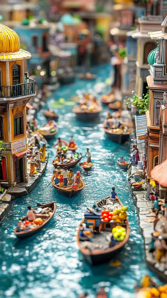 A meticulously crafted miniature cityscape showcases a bustling canal scene.  Tiny boats, laden with passengers and goods, navigate the waterway between intricately detailed buildings.  The architecture suggests a Middle Eastern or Mediterranean setting, with vibrant colors and ornate details.  The scene is teeming with miniature people, creating a vibrant and immersive tableau.