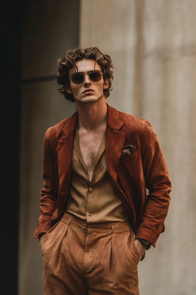 A young man with curly brown hair and sunglasses stands confidently. He's dressed in a rust-colored suede blazer, a light beige button-down shirt, and matching corduroy pants, creating a coordinated, earthy-toned outfit. His hands are casually in his pockets, suggesting a relaxed yet stylish demeanor. The urban backdrop emphasizes his fashionable appearance.