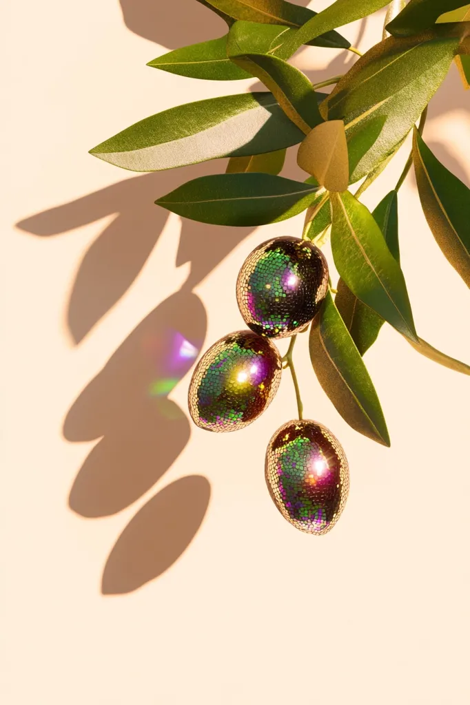Three iridescent, gold-toned olives adorn an olive branch against a pale peach background.  The olives shimmer with a mosaic-like texture, catching the light.  The branch casts a distinct shadow, enhancing the image's artistic composition. The overall aesthetic is both luxurious and nature-inspired.