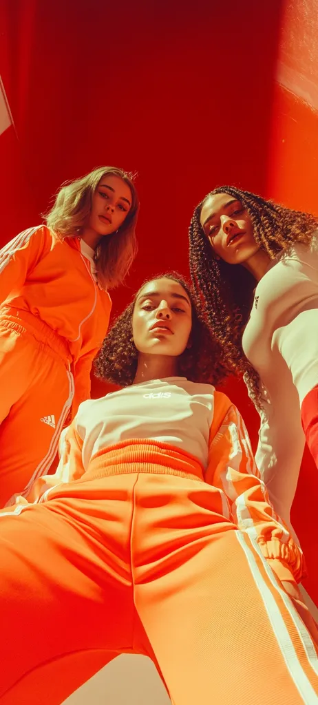 Three young women, viewed from a low angle, pose against a vibrant red backdrop.  They are dressed in bright orange Adidas tracksuits, a bold contrast against the background.  The central figure wears a white Adidas top, while the others sport orange track jackets.  Their hair styles vary, showcasing different textures and lengths. The overall image is energetic and stylish.