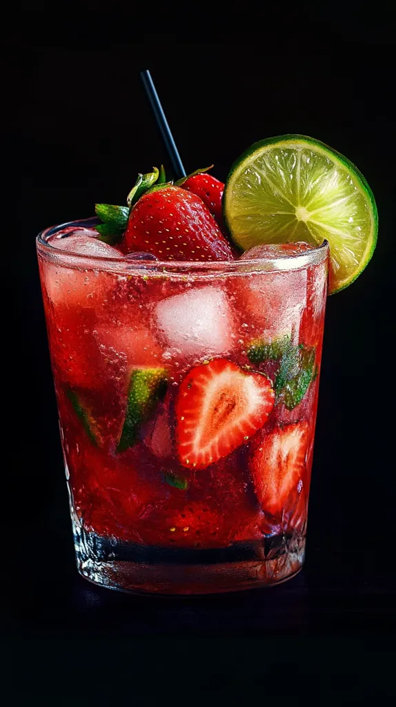 A refreshing strawberry caipirinha cocktail is showcased in a rocks glass.  The vibrant red drink is filled with ice and garnished with fresh strawberries, a lime wedge, and a sprig of mint.  The dark background accentuates the drink's bright colors and creates a visually appealing contrast.  A black straw adds a simple touch of elegance.