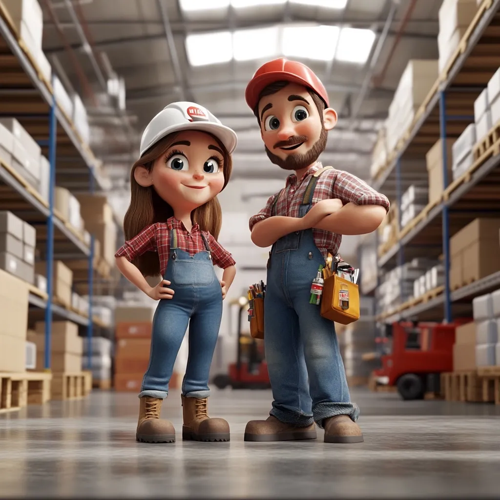 A charming illustration of two cartoon construction workers, a man and a woman, standing proudly in a warehouse aisle.  They wear hard hats, overalls, and tool belts, exuding a friendly and capable demeanor. The background showcases neatly stacked shelves filled with boxes, creating a vibrant and busy industrial setting.  Their expressions are cheerful and confident, emphasizing teamwork and professionalism.