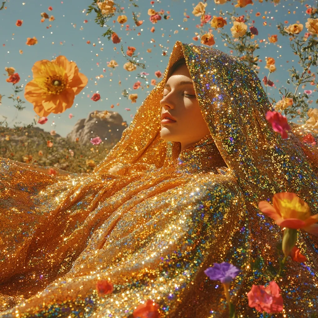 A young woman reclines amidst a field of flowers, enveloped in a shimmering gold, sequined cloak.  Petals rain down around her as she rests peacefully, her eyes closed. The scene is sun-drenched and dreamlike, evoking a sense of magic and serenity.  The vibrant colors and glittering fabric create a visually stunning and ethereal image.