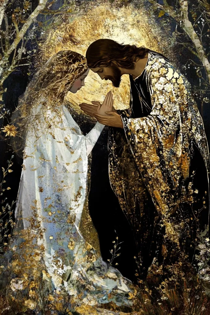 A painting depicts Jesus and a woman, possibly Mary, in a tender embrace.  They are dressed in flowing robes, his dark and hers light, both adorned with gold accents.  The background is a dark, ethereal forest with a glowing, golden halo behind them, suggesting a sacred, mystical encounter.  Their hands are clasped together, conveying a sense of devotion and spiritual connection. The overall style is painterly and rich in texture.