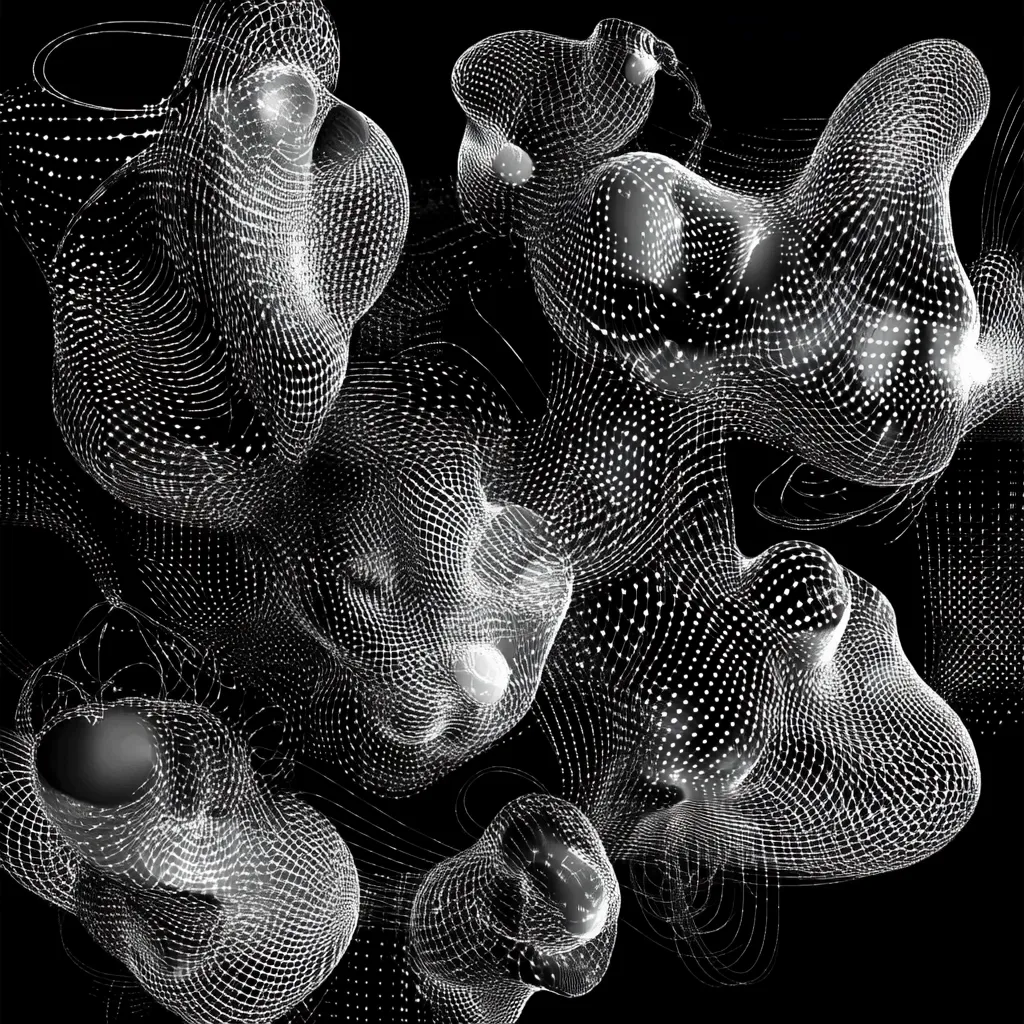 The image displays an abstract, three-dimensional rendering.  Numerous interconnected, mesh-like forms float against a black background. The structures resemble organic shapes, like flowing clouds or amoebas, with a wireframe structure illuminated by bright points of light. The overall effect is one of ethereal movement and complex interconnectedness.