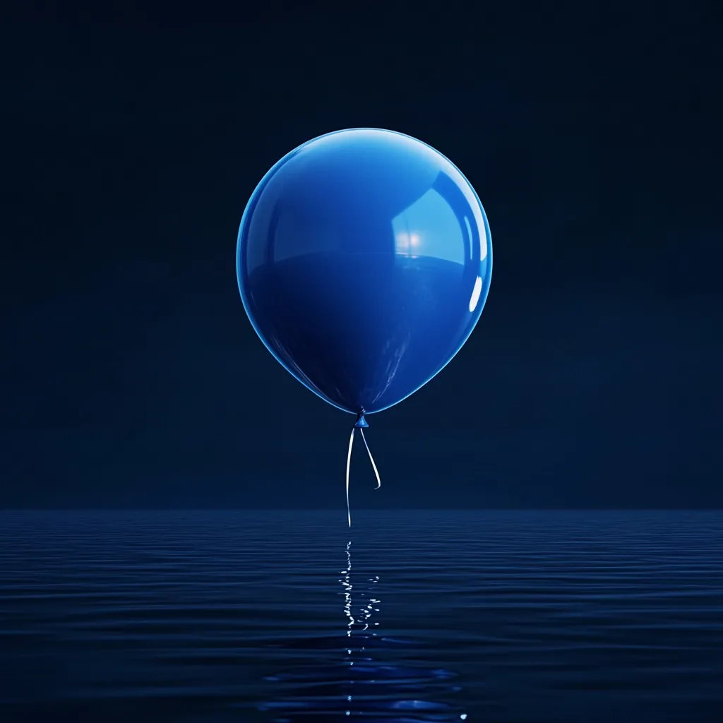 A single, dark blue balloon floats just above the surface of calm, dark blue water.  The balloon's reflection is visible in the still water. The scene is minimalist and moody, with a deep blue color palette dominating the image.  The balloon's string dips slightly into the water.