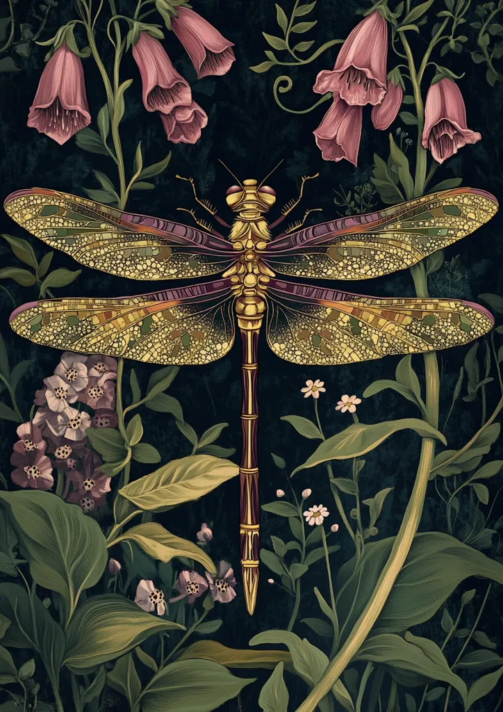 A detailed illustration showcases a large dragonfly, its wings intricately patterned in gold and purple, set against a backdrop of lush, dark foliage.  Pink foxglove flowers and delicate white blooms surround the insect, creating a vibrant yet moody botanical composition. The artwork is rendered in a style reminiscent of vintage natural history illustrations.