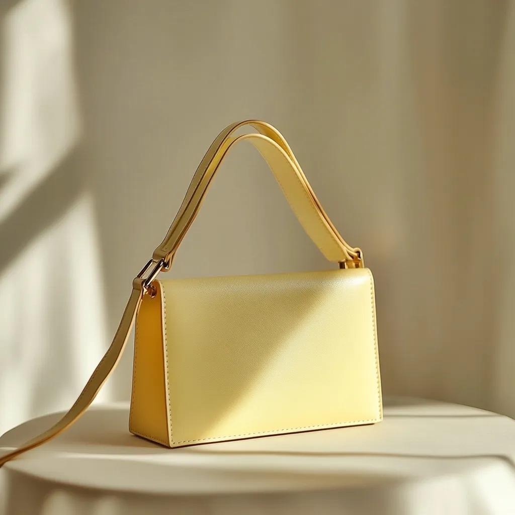 A pale yellow leather handbag sits on a light beige surface.  The bag features a structured rectangular shape with a top handle and a long shoulder strap.  Soft light casts shadows, highlighting the bag's smooth texture and subtle sheen.  The gold-toned hardware adds a touch of elegance. The overall aesthetic is minimalist and chic.