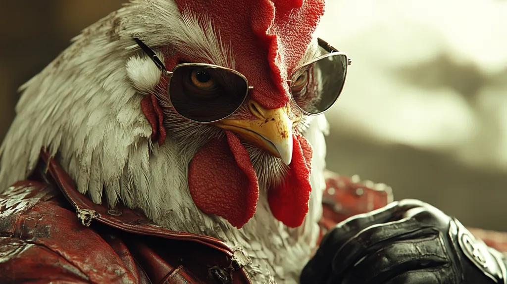 A close-up shot reveals a rooster, strikingly attired in aviator sunglasses and a worn red leather jacket.  Its intense gaze is directed towards the viewer, creating a powerful and somewhat comical image. The rooster's plumage is detailed, and its expression appears both tough and slightly amused.  The background is blurred, focusing attention on the feathered biker.