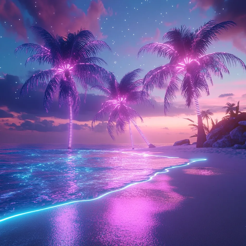 A vibrant digital artwork depicts a tranquil beach scene at sunset.  Three palm trees, illuminated with neon pink lights, stand on a pristine, sandy beach.  The ocean, a calming blue, gently laps the shore, with a neon blue line tracing the water's edge.  The sky is a blend of soft purples and pinks, dotted with stars, creating a dreamy, almost surreal, tropical paradise.