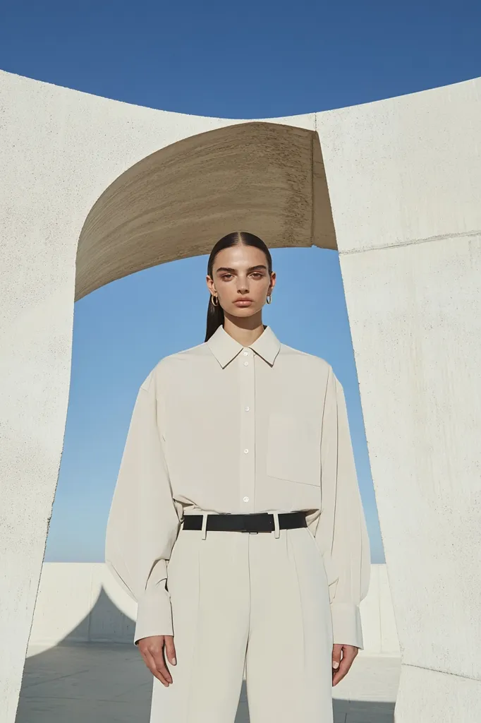 A woman stands against a minimalist, modern concrete backdrop. She wears a loose-fitting, light beige oversized shirt and matching high-waisted trousers, cinched with a thin black belt. Her dark hair is pulled back, and she wears simple gold hoop earrings. The overall aesthetic is clean, chic, and effortlessly stylish.  The setting suggests a fashion campaign or editorial photoshoot.