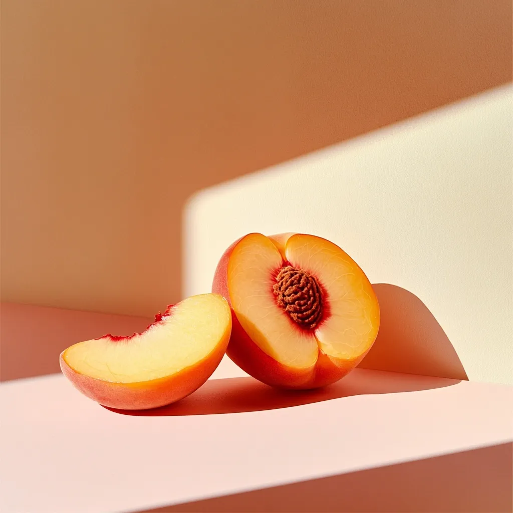 A halved peach and a peach slice rest on a pale pink surface, bathed in warm sunlight.  The peach's vibrant flesh and fuzzy skin are highlighted by the light, casting a shadow against a light beige wall. The scene is simple yet elegant, emphasizing the natural beauty of the fruit.