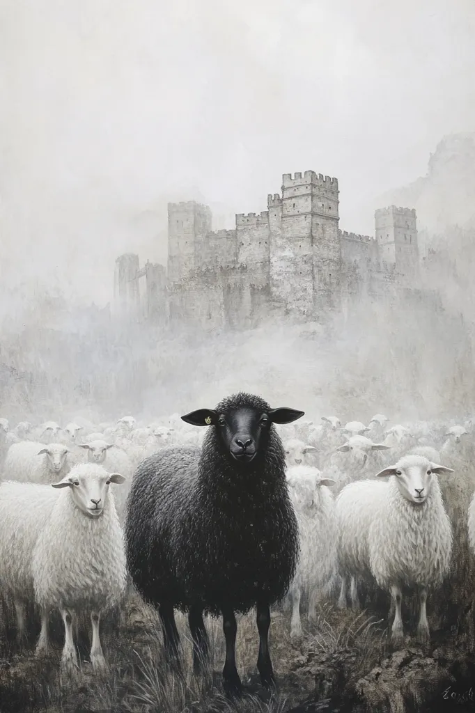 A painting depicts a single black sheep standing prominently before a flock of white sheep.  The sheep are positioned in front of a misty, ancient-looking castle, partially obscured by fog.  The monochromatic color palette emphasizes the contrast between the black sheep and the white flock, creating a stark visual statement. The overall atmosphere is quiet and slightly melancholic.
