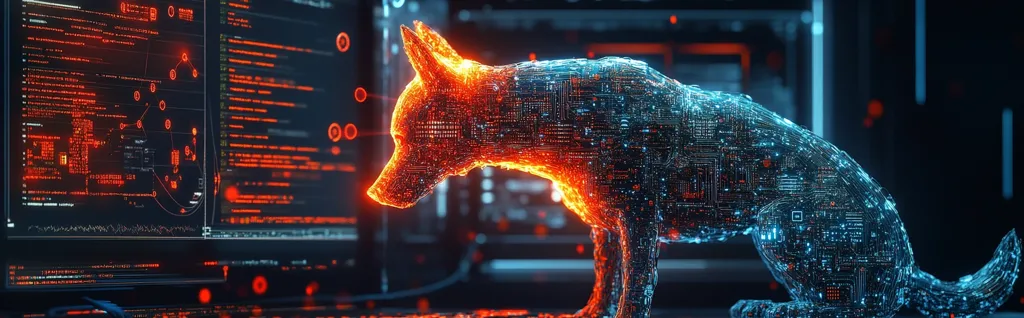 A digital rendering depicts a dog-like figure constructed from glowing circuitry, appearing as a holographic projection.  The creature's form is partially orange and partially blue, suggesting a duality or conflict. It's positioned before computer screens displaying lines of red code, hinting at a connection between the digital animal and a technological or perhaps cyber security context. The overall aesthetic is futuristic and visually striking.