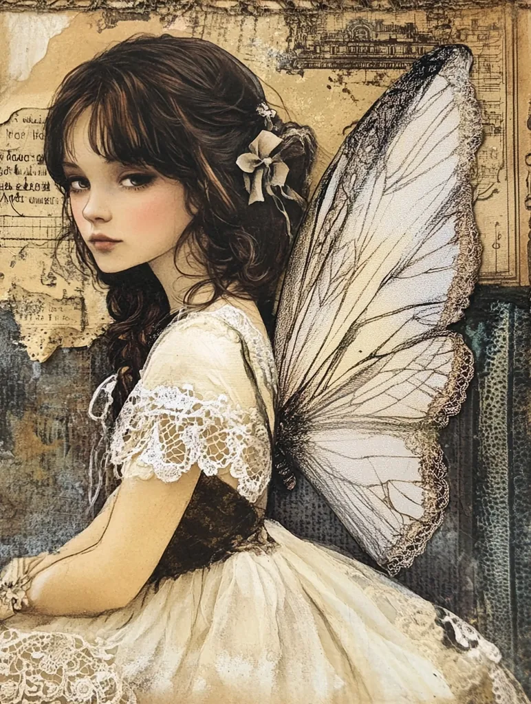 A wistful young girl with dark brown hair styled in an updo adorned with a delicate flower sits, her gaze directed to the side. She wears a cream-colored dress detailed with intricate lace at the sleeves and hem.  Large, translucent wings, rendered with delicate lines, sprout from her back, suggesting a fairy-like quality. The backdrop is a textured collage of aged paper, music notes, and architectural sketches, contributing to a vintage, ethereal atmosphere.