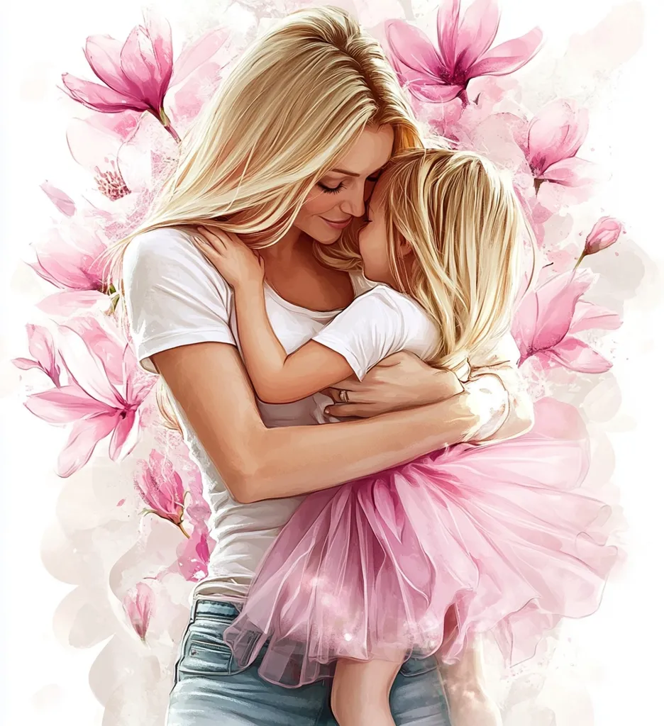 A digital painting depicts a blonde mother tenderly embracing her young daughter.  The girl wears a pink tutu, and both are surrounded by delicate pink blossoms, creating a soft, loving atmosphere. The style is reminiscent of watercolor, with gentle color blending and a focus on the emotional connection between parent and child. The image evokes feelings of warmth, affection, and motherhood.