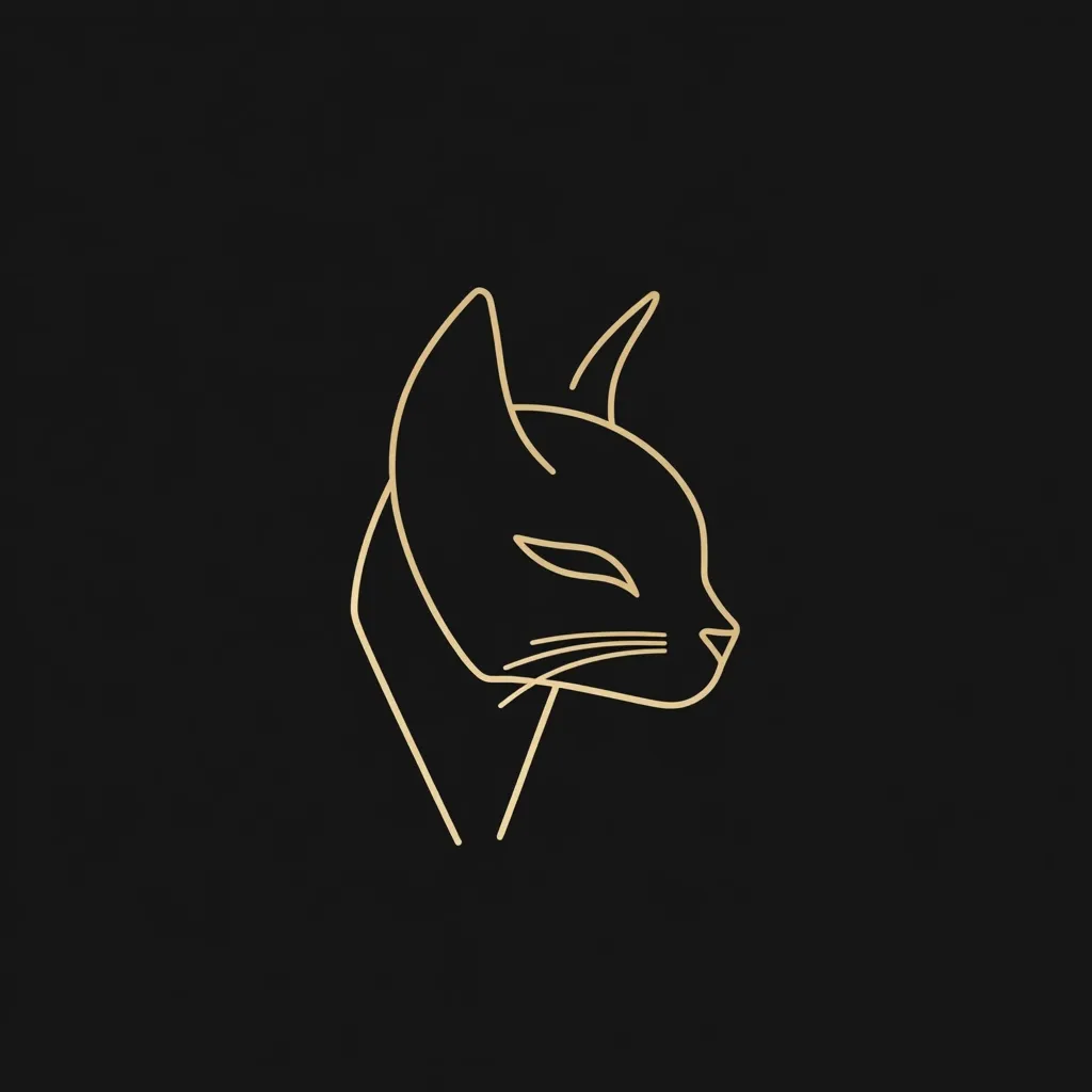 A minimalist line art design depicts a cat's head in profile.  The elegant, gold-colored lines are set against a black background, creating a sophisticated and modern aesthetic. The cat's expression is serene and calm, its features subtly rendered with clean, simple strokes. The image evokes a sense of quiet elegance and understated style.