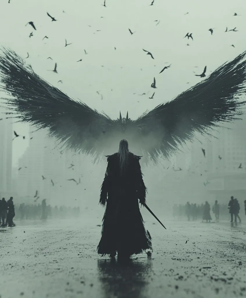 A lone figure, cloaked and wielding a sword, stands before a colossal pair of dark wings, stretching across a desolate, fog-laden cityscape.  Birds fly amidst the gloom, creating a dramatic and ominous atmosphere. The image evokes feelings of power, foreboding, and impending conflict.  The figure's back is to the viewer, adding to the mystery.