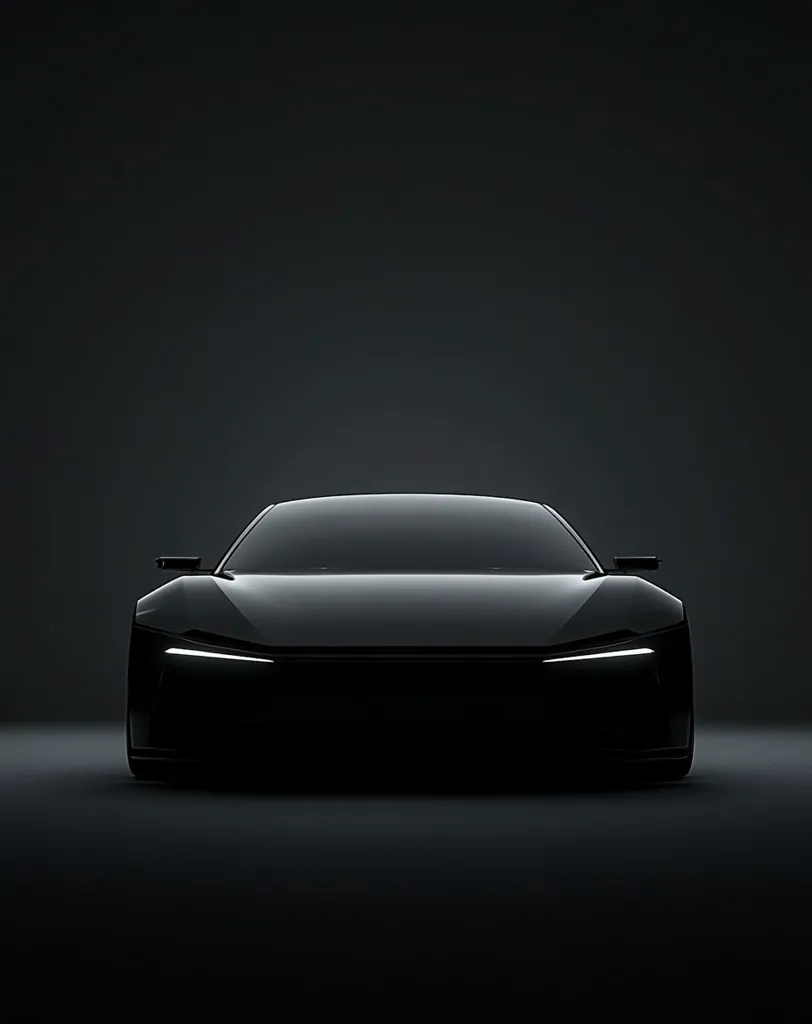 A sleek, black sports car is centrally positioned against a dark, moody background.  The low-light setting accentuates the car's smooth curves and aerodynamic design.  Only the front of the vehicle is visible, creating a sense of mystery and intrigue. The image emphasizes the car's powerful and sophisticated silhouette.