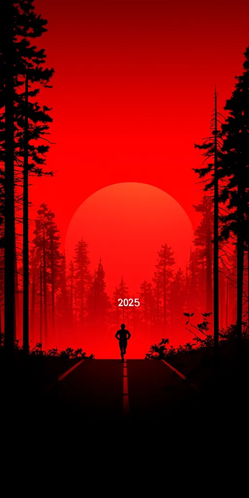 A lone figure runs down a road, silhouetted against a vibrant red sunset.  Tall, dark pine trees line the path, creating a dramatic, almost ominous atmosphere.  A large red sun dominates the sky. The year "2025" is subtly displayed, suggesting a futuristic or dystopian setting. The overall mood is intense and evocative.