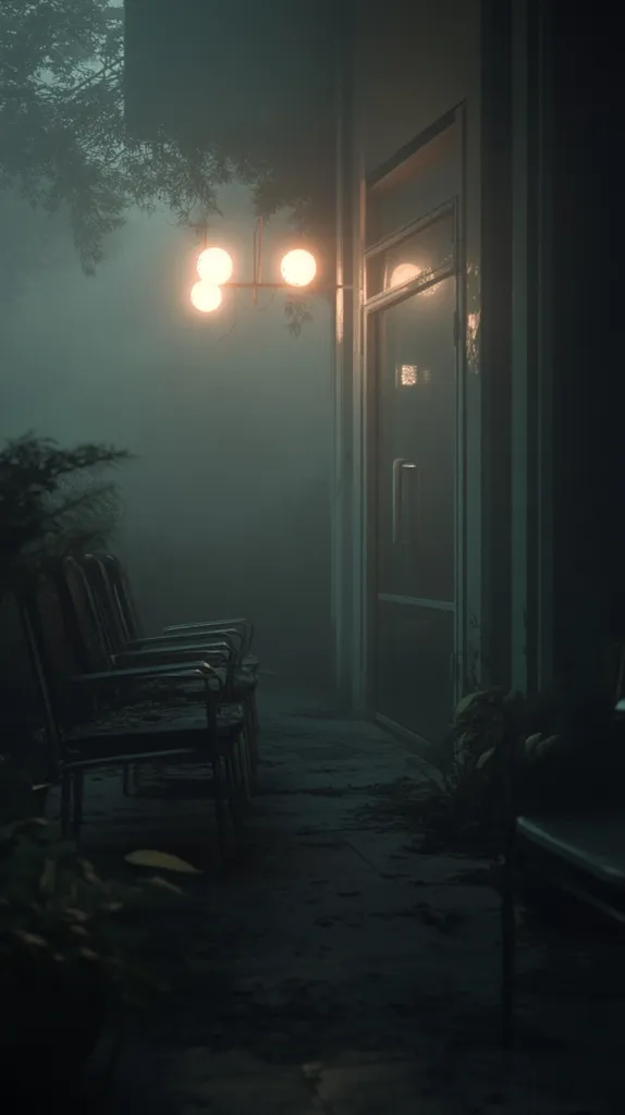 A dimly lit alleyway, shrouded in fog, features a row of empty chairs outside a dark door. A simple three-light fixture casts a warm glow against the muted tones of the building's exterior.  Overgrown plants and a sense of neglect add to the mysterious atmosphere. The scene is evocative and slightly ominous, suggestive of a forgotten place.
