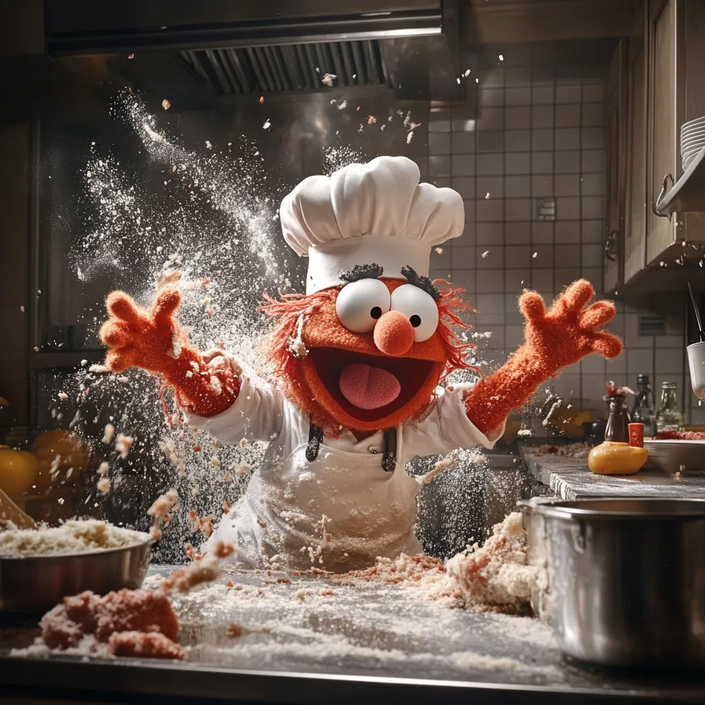 A vibrant orange Muppet, donning a chef's hat and apron, is captured in a dynamic moment of culinary chaos.  Flour and ingredients are flung everywhere as the Muppet enthusiastically gestures with outstretched arms. The scene is set in a professional kitchen, enhancing the playful contrast between the character and the serious setting.  The overall image is energetic and humorous.