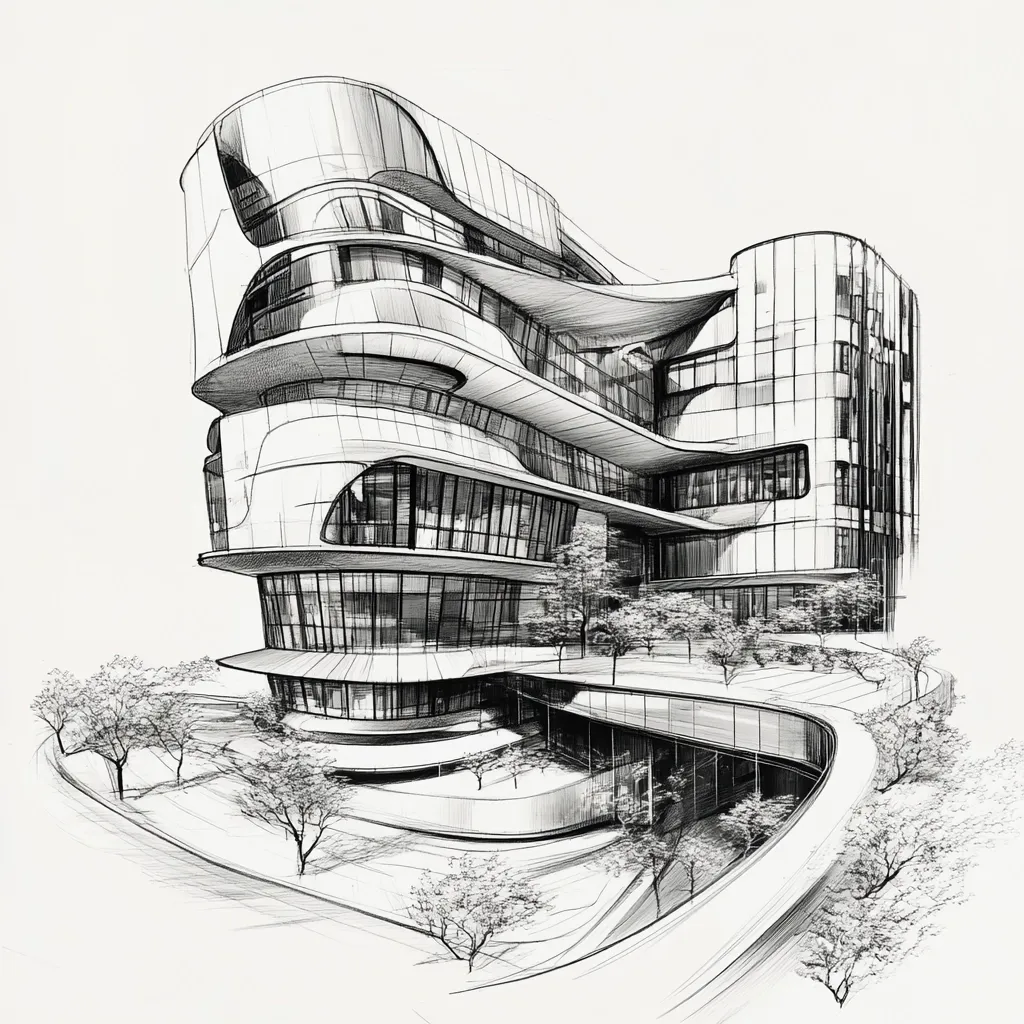 A detailed pencil sketch depicts a futuristic, multi-story building with flowing, organic curves.  Large glass windows dominate the facade, revealing glimpses of interior spaces.  The structure is set amidst a landscaped area with meticulously drawn trees and pathways, creating a visually striking contrast between the hard lines of architecture and the soft lines of nature. The sketch uses shading and linework to convey depth and texture.