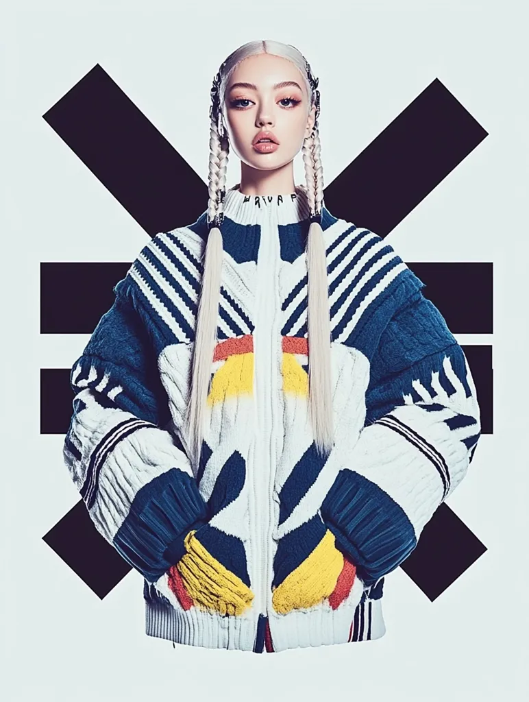 A young woman with platinum blonde pigtails poses against a bold black X graphic. She wears a striking, oversized knit cardigan featuring a vibrant color block pattern in navy, white, yellow, and red. The cardigan has a chunky knit texture and the model's hands are tucked into the pockets, which are accented with the same bold color blocking as the rest of the garment.  Her makeup is clean and modern, complementing her striking features.