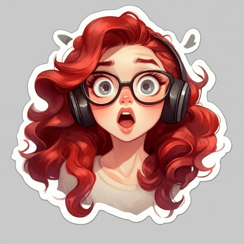 A sticker featuring a stylized illustration of a young woman with vibrant red hair, large glasses, and over-ear headphones. Her mouth is open in a surprised or shocked expression, her eyes wide with wonder. The art style is whimsical and cartoonish, with soft shading and a focus on expressive features.  The overall impression is one of playful surprise.