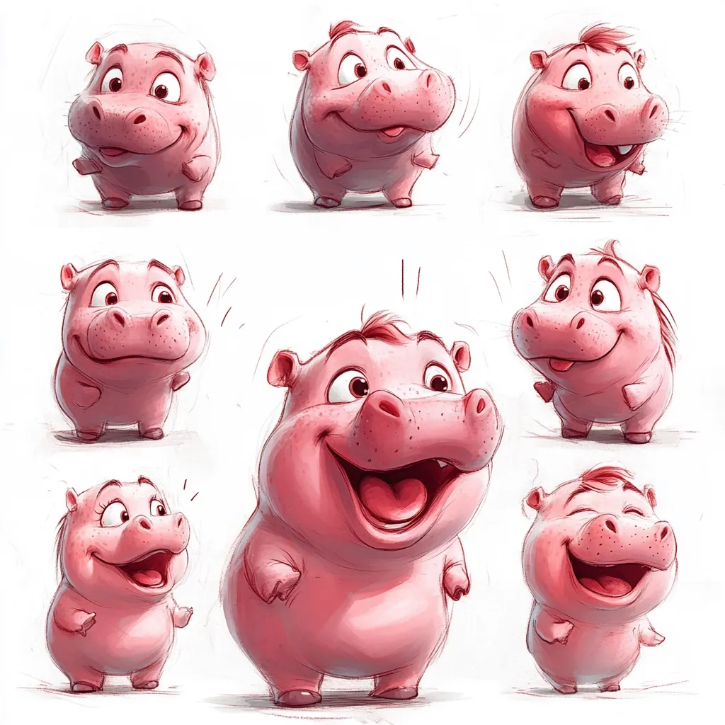Nine adorable cartoon hippos are depicted in various poses and expressions.  Each hippo is pink and chubby, showcasing different moods from shy and curious to joyful and playful.  The illustrations are rendered in a soft, painterly style, creating a charming and whimsical feel. The hippos' large eyes and expressive mouths highlight their personalities.
