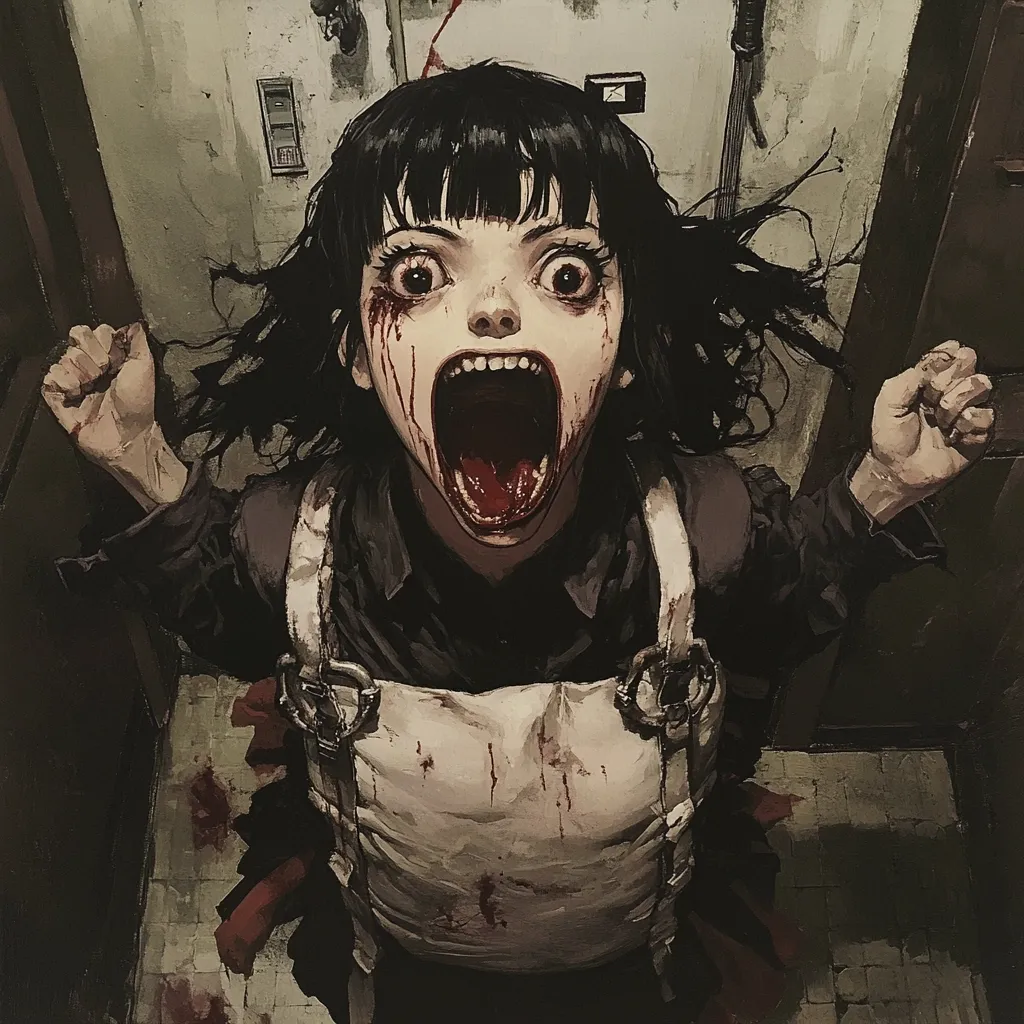 A horrifying illustration depicts a young girl with dark hair, wide eyes, and a blood-soaked mouth screaming.  Blood streaks her face and apron. Her fists are clenched, and her expression is one of intense terror or rage. The dark, gritty background suggests a confined, possibly violent, space. The overall style is reminiscent of horror manga or anime.