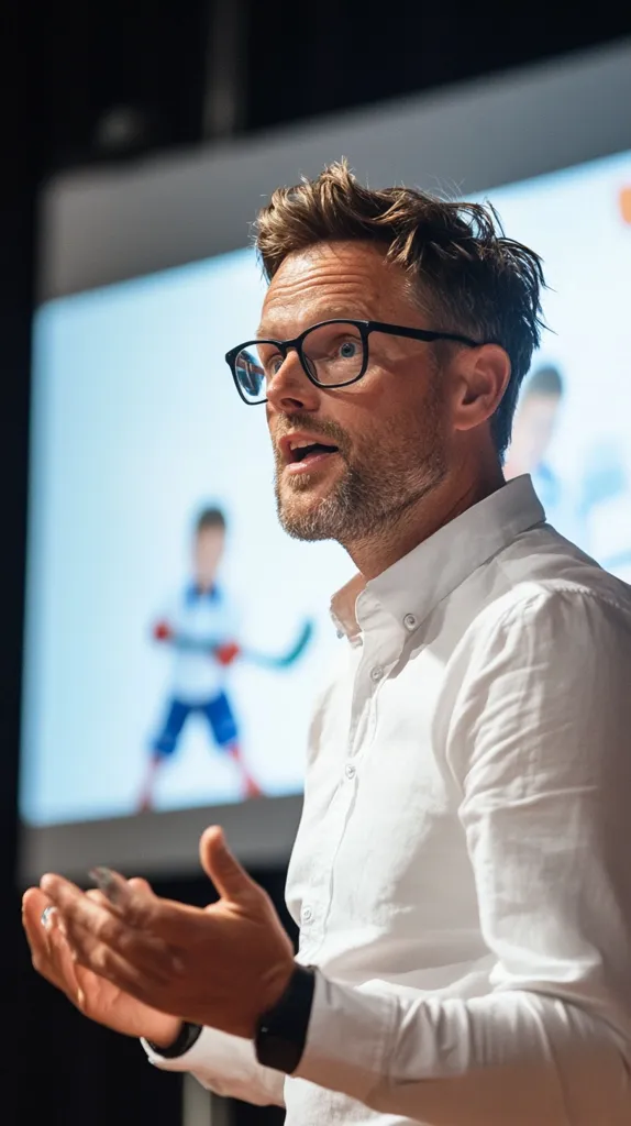 A man with short, tousled brown hair and glasses is giving a presentation. He's wearing a crisp white shirt and a watch. His hands are gesturing expressively.  The background is blurred but shows a screen displaying cartoonish figures playing hockey. The overall impression is one of a lively and engaging speaker.